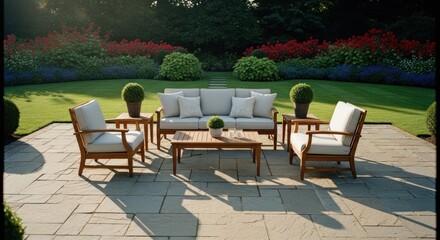 Obraz premium Outdoor patio furniture set on a light gray stone patio, surrounded by lush greenery and vibrant flowers