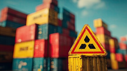 A faded radioactive symbol warns amidst shipping containers
