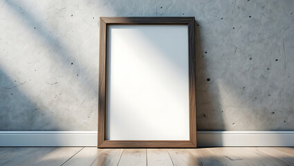 Modern and Minimalist Vertical Wooden Picture Frame Mockup Leaning Against a Textured Concrete Wall on a Light Wooden Floor