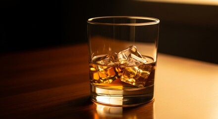 Whisky Drink with Ice Cubes in Glass on Wooden Surface &ndash; Warm Lighting