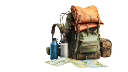 Adventure backpack with orange roll mat attached
