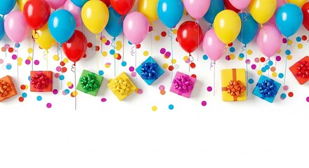 Colorful balloons and gifts isolated on white background for a festive celebration