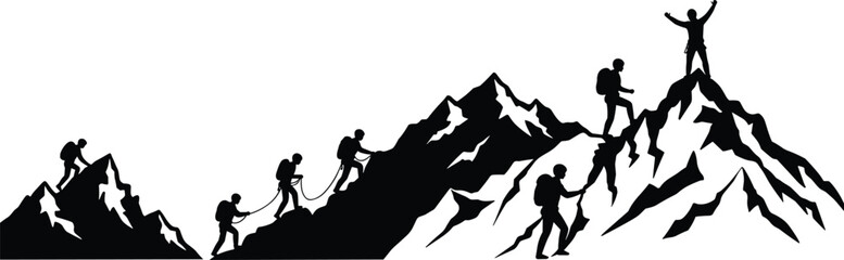 Silhouette of Group Mountain Climbers Hiking, Rope Team Ascending Rocky Peaks, Outdoor Adventure, Exploration, Nature, Extreme Sport, Summit Achievement, Vector Illustration