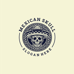 Fototapeta premium Mexican skull logo with vintage cultural flair, symbolizing tradition, festivity, and timeless spirit.