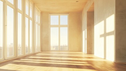 A spacious, empty room with large windows and wooden floors, bathed in natural light.