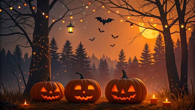 Glowing jack-o-lantern pumpkins with scary faces on forest floor with hanging lanterns bats bare trees and full moon at dusk halloween scene