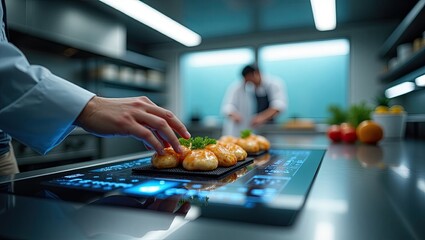 A chef's hand touches food items on a futuristic kitchen counter.