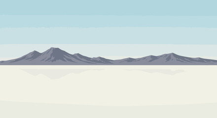 Pixelated mountains stretch under a muted sky their reflections mirroring on the stark ground