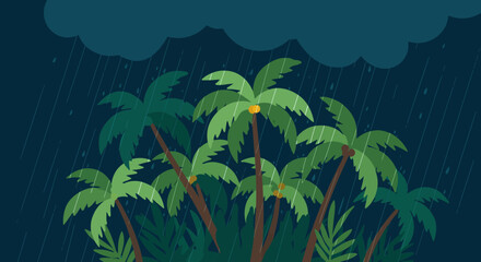 Rain falls on a grove of stylized tropical palm trees beneath a dark cloud