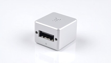 Small, light gray metallic cube with a single port