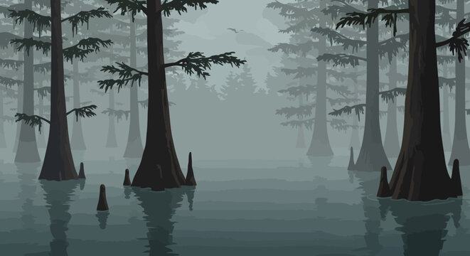 Pixelated swamp scene featuring tall trees rising from murky water under a misty sky