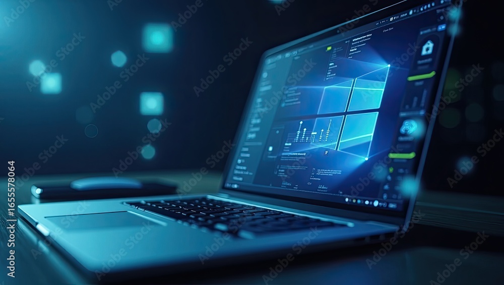 Poster modern laptop computer with a futuristic interface.