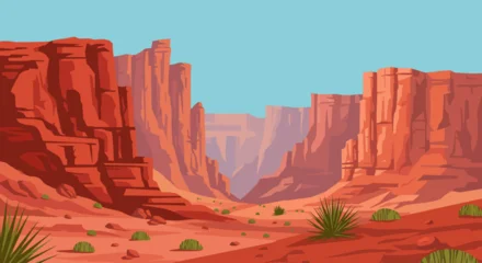 Fototapete Pol Red rock canyon landscape with arid terrain sparse vegetation under a clear blue sky  © Miu Studio