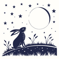 A hare looking at the moon and stars in the night sky, a magical and dreamy scene, isolated on white background ©  AMINA 1122