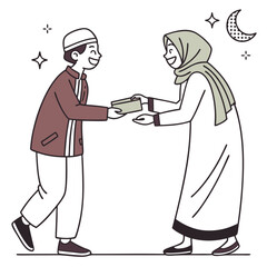 A man giving a gift to a woman wearing a hijab isolated on white background, symbolizing the spirit of giving during ramadan and eid