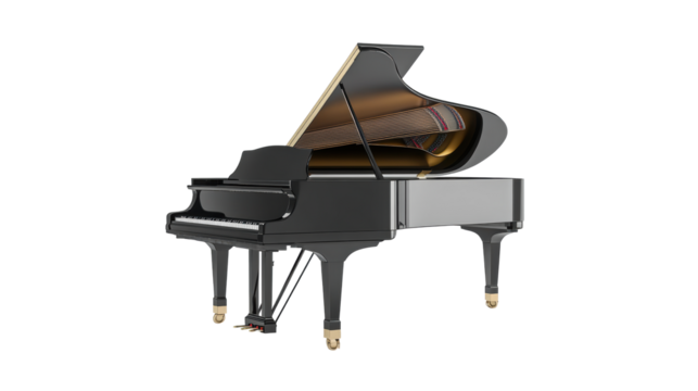 Elegant black grand piano on white background

