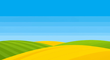 Rolling green and yellow hills under a blue sky create a countryside landscape © Miu Studio