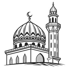 Illustration of a mosque with a dome and minaret, a place of worship for muslims, isolated on white background