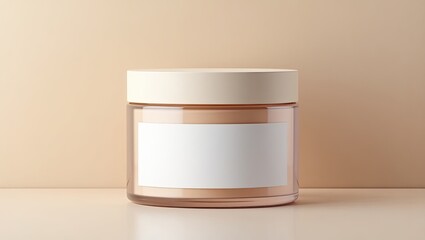 Empty jar with blank label on a light beige background.