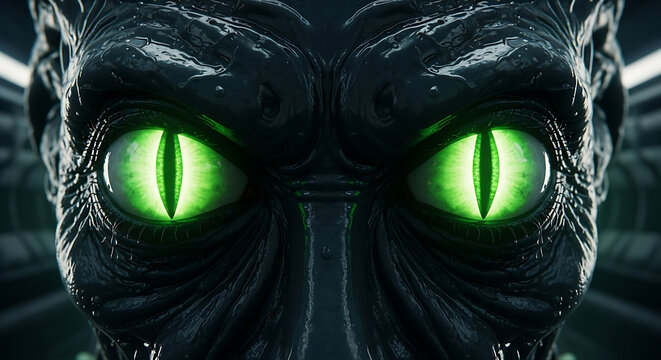 A menacing alien creature with large, glowing green reptilian eyes stares intensely forward.