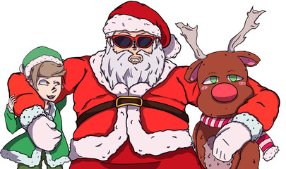 santa claus with reindeer and christmas elf