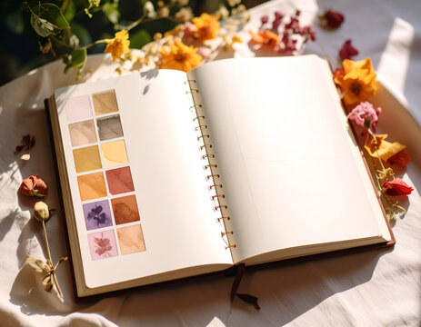 An open sketchbook, bathed in soft sunlight, displays a harmonious collection of natural watercolors and delicate dried petals, evoking a sense of creative tranquility.