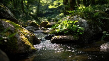 Nature theme, a mountain stream flowing gently, moss and ferns growing around, sunlight filtering through leaves creating light spots, background is dense forest 