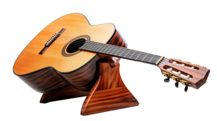 Wooden acoustic guitar displayed on curved stand  
