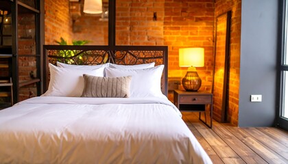 Cozy bedroom sanctuary featuring a plush white duvet, rustic brick wall, and warm ambient lighting.