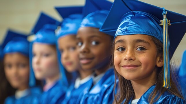 A diverse group of children in blue graduation caps and gowns, standing in a row, facing forward, with a blurred background of other children.