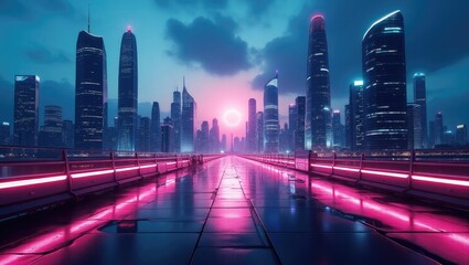 Fototapeta premium Futuristic city skyline at twilight with neon lighting.