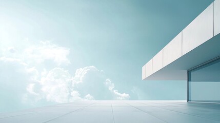 Obraz premium A modern, minimalist building with a glass facade and a view of the sky with clouds.