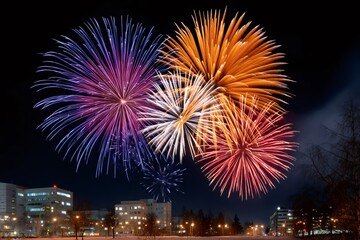 Colorful fireworks exploding over the city at night