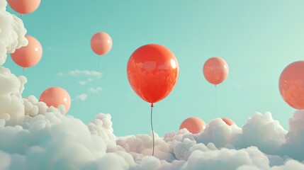 A vibrant sky with a cluster of orange and pink balloons floating in the air, against a backdrop of fluffy white clouds and a clear blue sky.