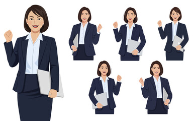 Cheerful Businesswoman in Various Poses Holding a Laptop Celebrating Success.