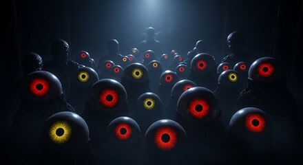A crowd of shadowy figures with glowing red and yellow eyes stare forward in the dark.