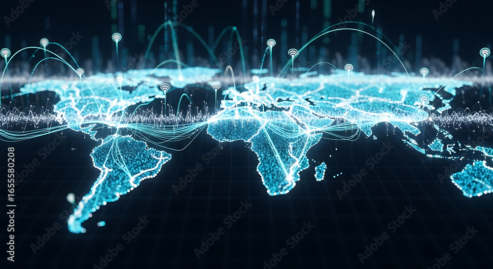 Poster digital world map with glowing connections and data visualization on a dark background design