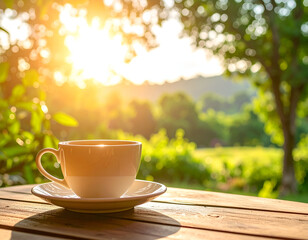 Morning Serenity A Sunlit Teacup on a Table Amidst Lush Greenery