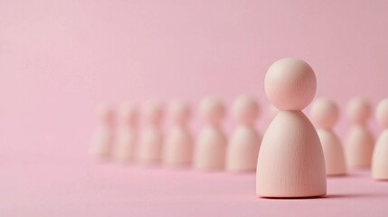 A pink wooden figurine standing out from a line of identical figures against a pink background.