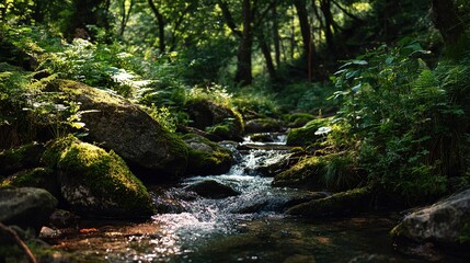 Nature theme, a mountain stream flowing gently, moss and ferns growing around, sunlight filtering through leaves creating light spots, background is dense forest 