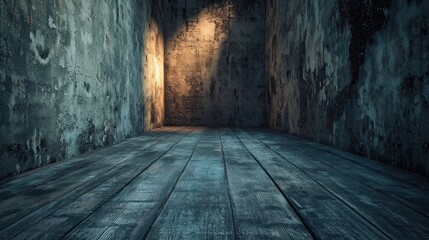 A dimly lit, dark, and eerie room with concrete walls and wooden floors. The walls are covered in grime and stains, and there is a single, bright light source illuminating the room.