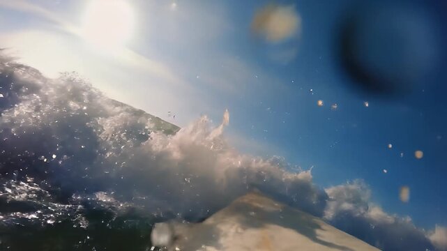 Low POV from surfboard riding a wave under bright sunlight and clear blue sky