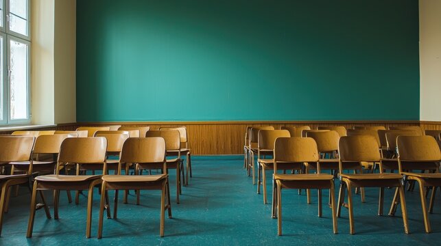A classroom with rows of empty chairs and a green chalkboard wall.