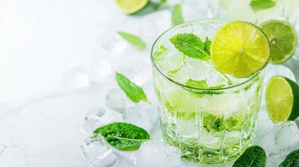 Fototapeta premium A refreshing lime and mint cocktail with ice cubes on a white table.