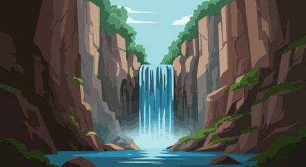 Waterfall cascades between cliffs into a blue pool beneath a sky with wispy clouds and green trees © Miu Studio