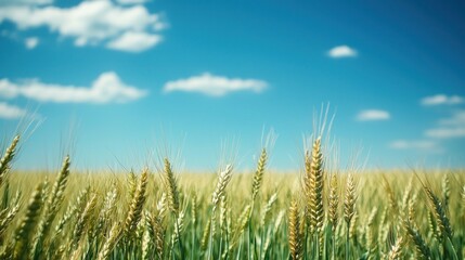 Fototapeta premium A wheat field under a clear blue sky with fluffy white clouds.