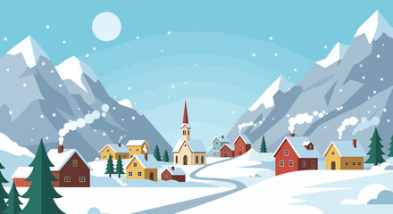 Winter scene with snowy mountains village houses church snowcovered ground and daytime sky with the sun and falling snow