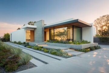 Modern Minimalist Home Exterior at Sunset
