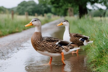 Obraz premium Indian runner ducks walking on a wet country road