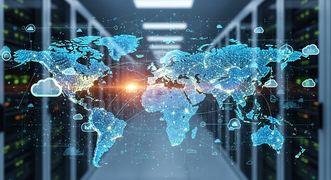 Global Cloud Network Projected Onto Server Room